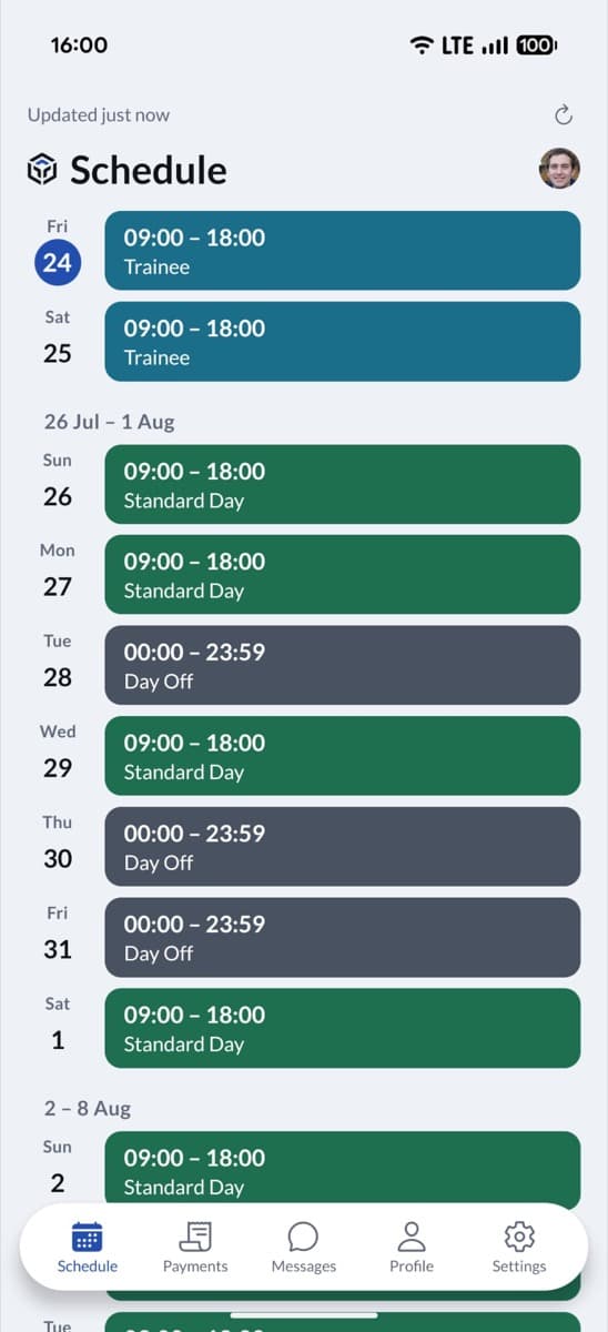 The Tarva app showing a team member's weekly schedule
