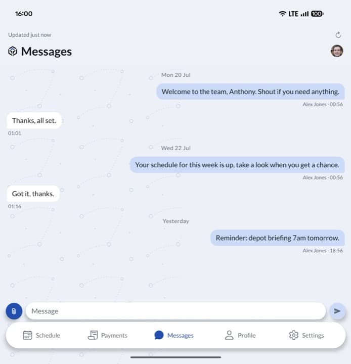 The Tarva driver app: messages from ops with the Waypoints canvas, composer, and Schedule, Payments, Messages, Profile navigation